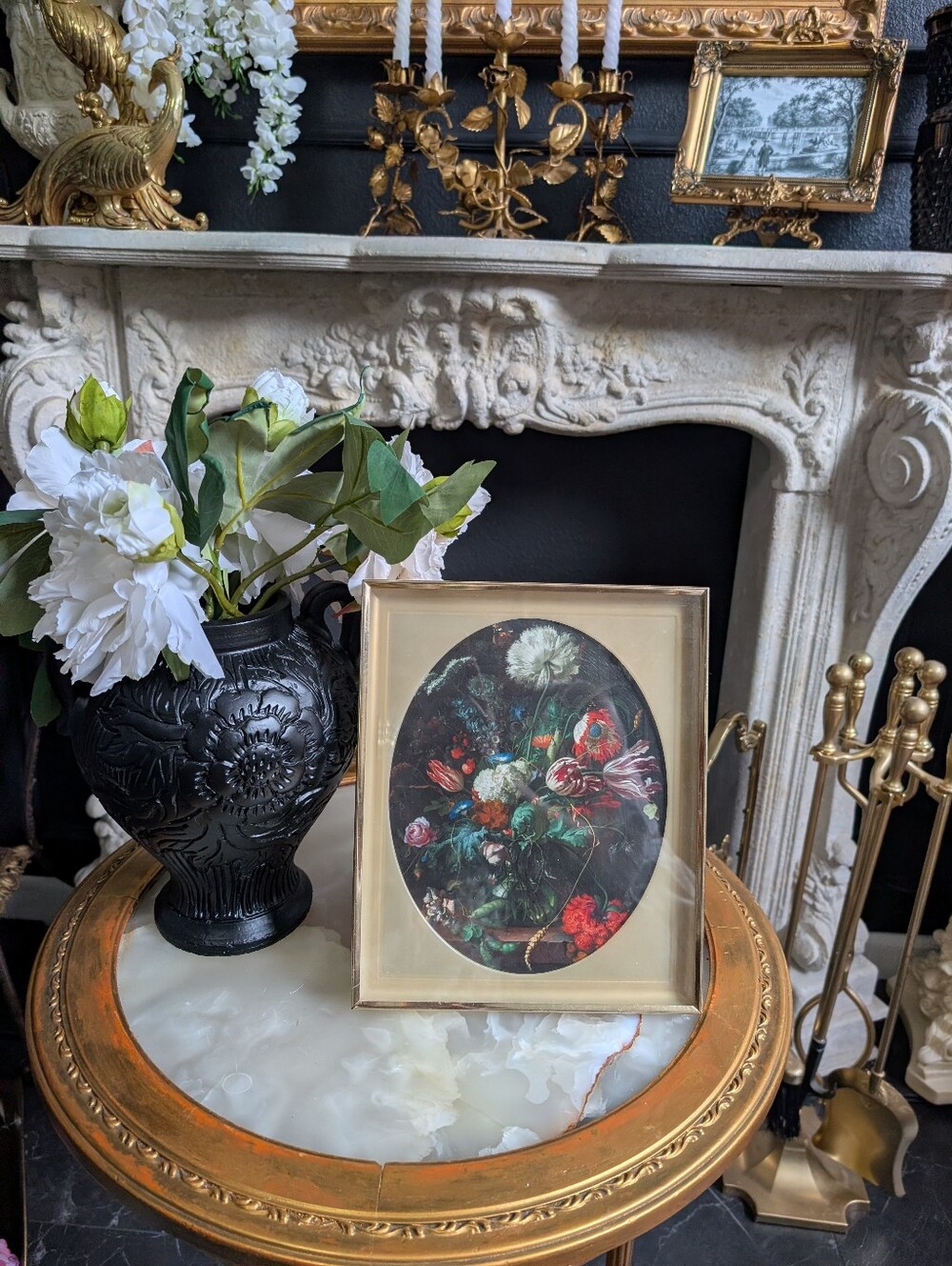 Vintage Metal Frame Oval insert w/ vtg style Moody Still Flower Print,  11" x 9"